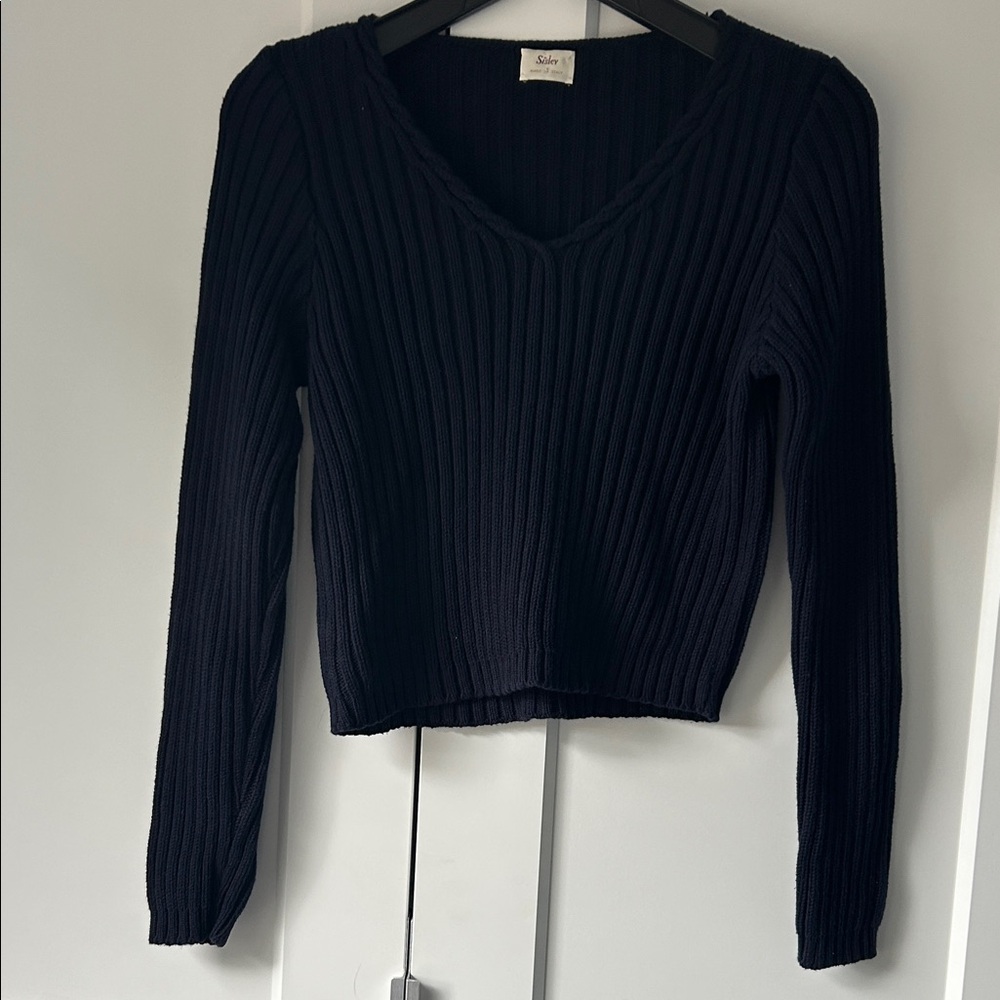 Sisley Navy blue 100 % cotton Ribbed V-Neck Sweater